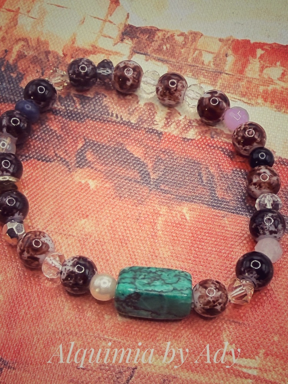 Fall + green turquoise brown agate beaded  bracelet